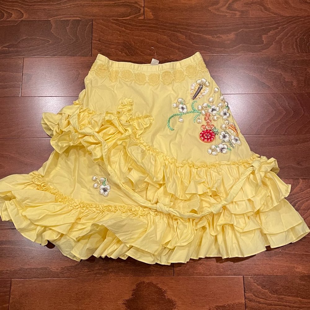 Anthropologie Lithe Cotton Yellow Embroidered Ruffle Skirt, Size 0